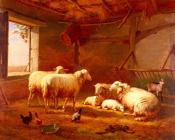 尤金约瑟夫维保盖文 - Sheep With Chickens And A Goat In A Barn